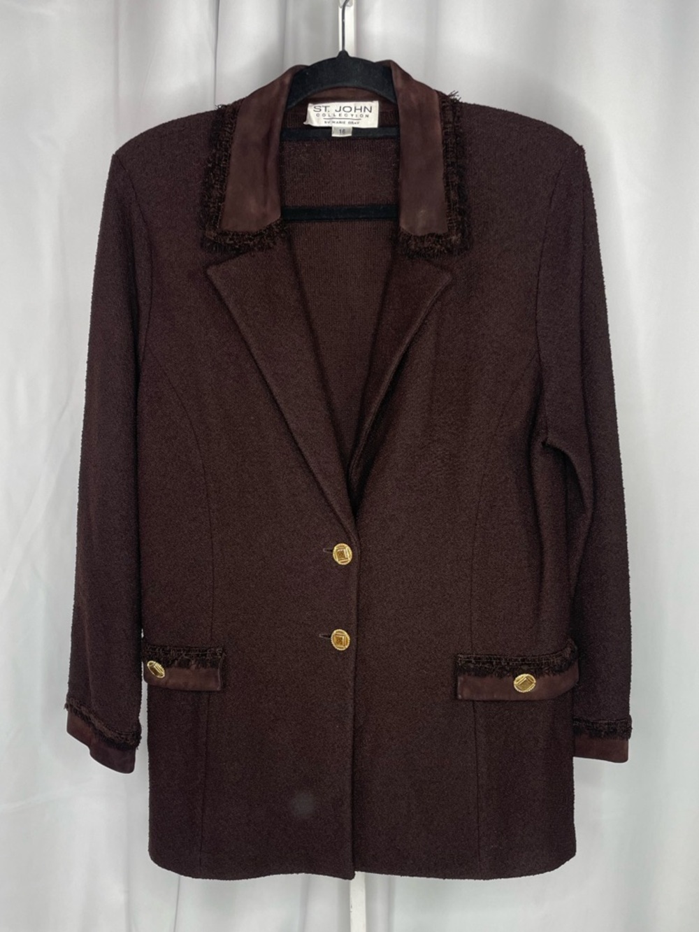 St John Collection‎ Brown Knit Blazer 16 Vintage Leather Trim Gold Button